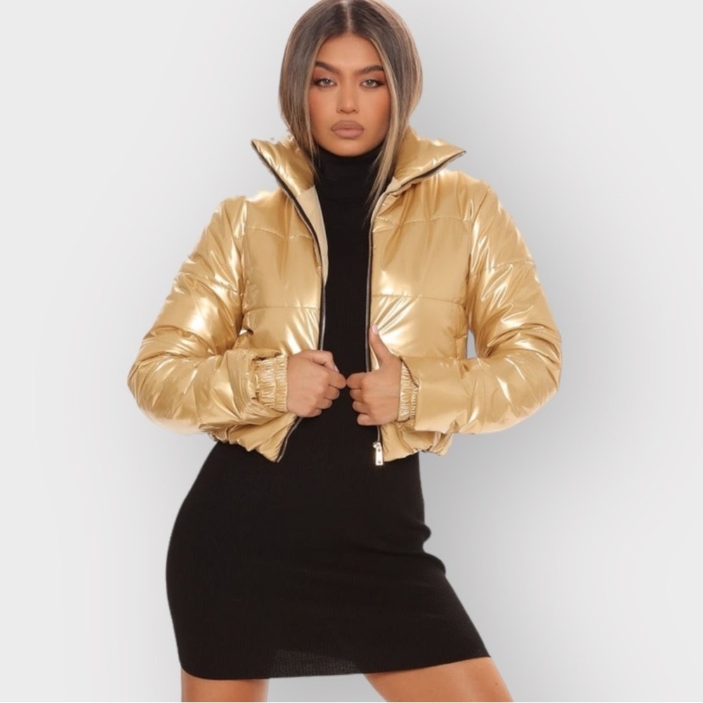 Fashion Nova Metallic Gold Puffer Jacket